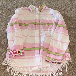 TIZZIE Long Sleeve Striped Pink White Green Shirt w/Fringe Light Weight! Size Lg